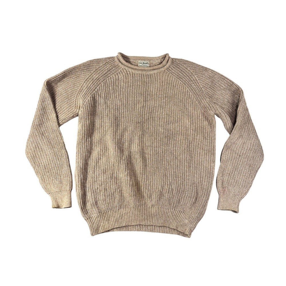 LL Bean Mens Medium Tall Tan Cotton Rib Knit Raglan Fisherman Sweater 0YR05